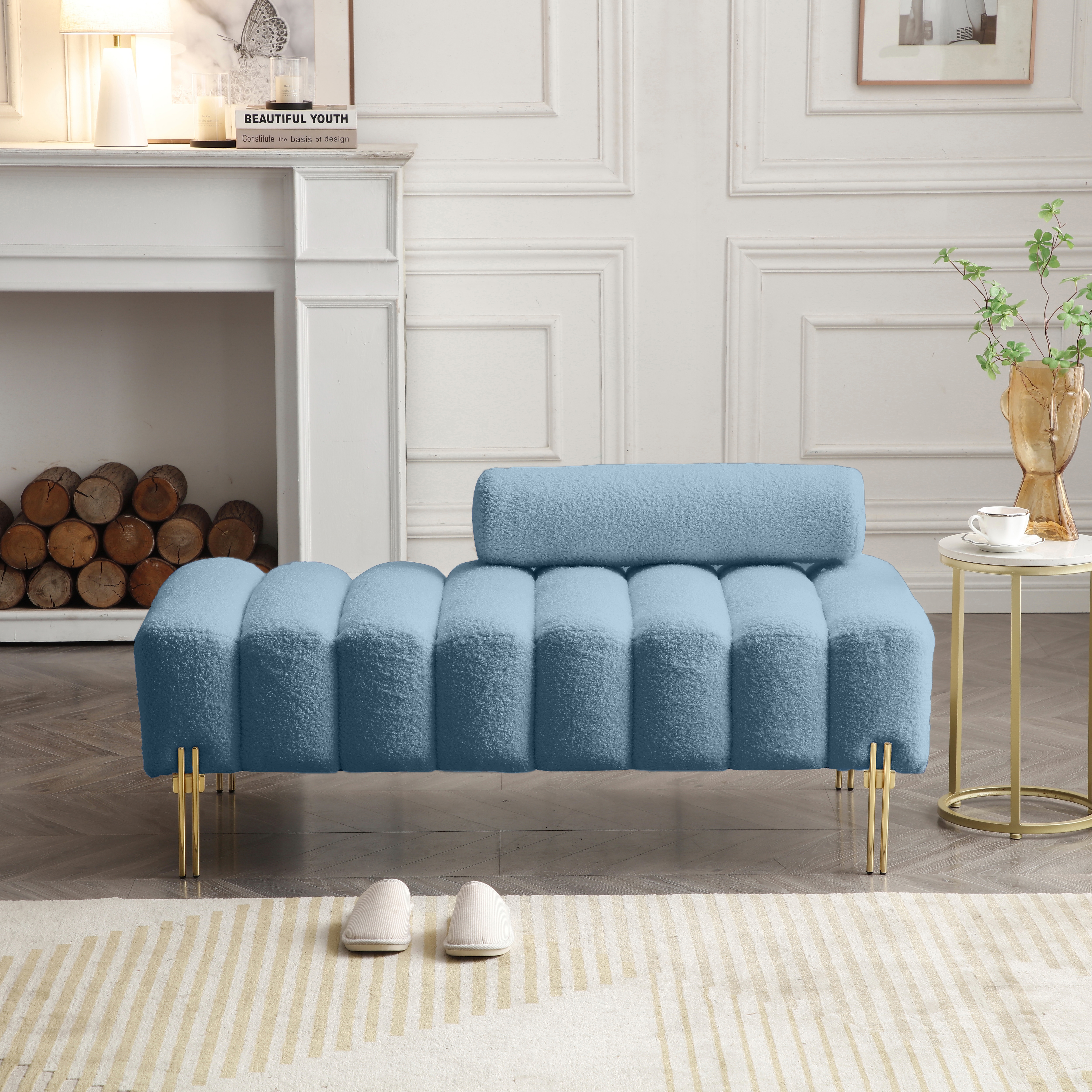 53.2"Width Modern End Of Bed Bench Sherpa Fabric Upholstered 2 Seater Sofa Couch Entryway Ottoman Bench Fuzzy Sofa Stool Footrest Window Bench With Gold Metal Legs For Bedroom Living Room,Blue_voghion.com